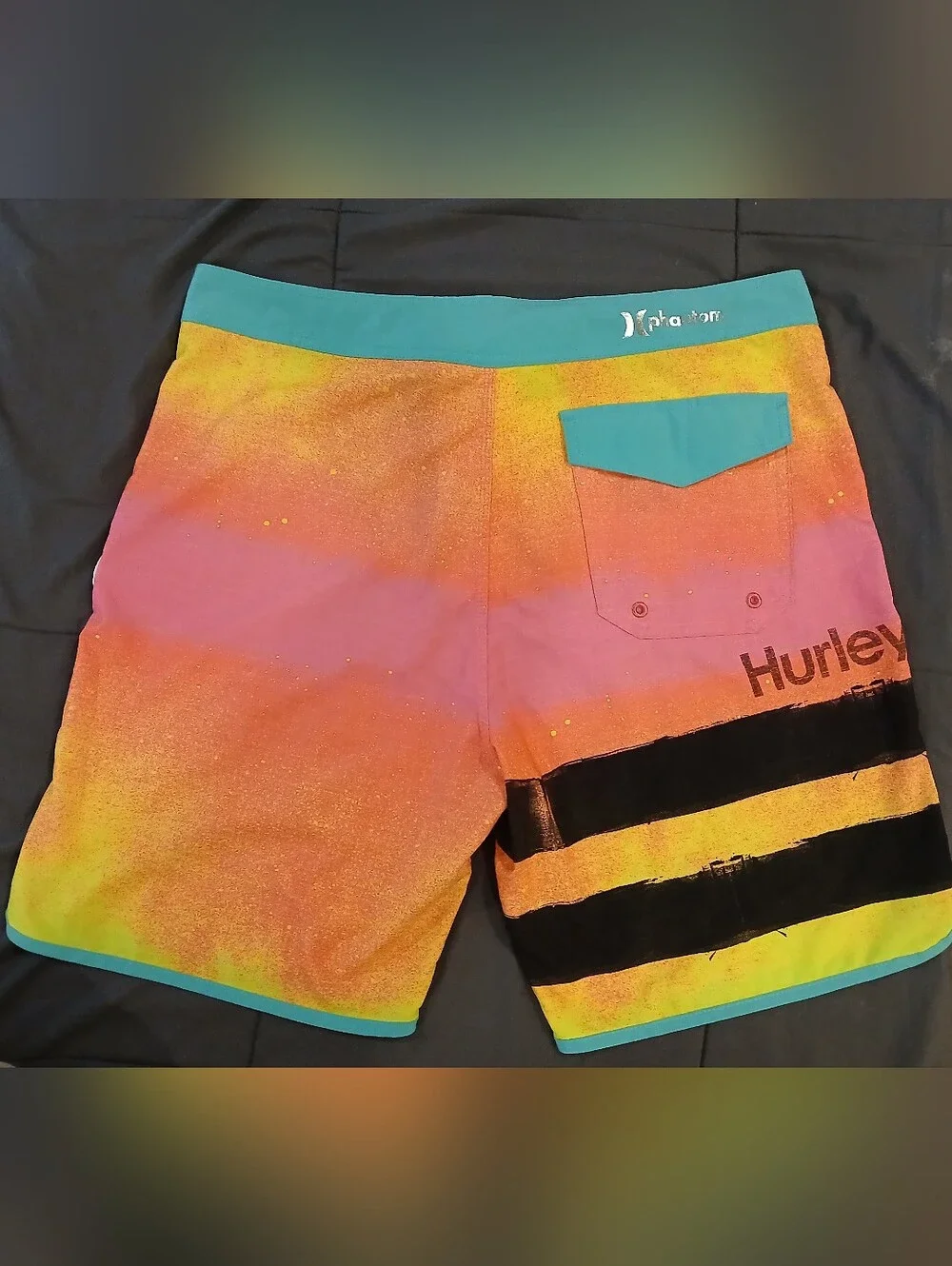 Hurley Neon Ombre Board Shorts - Pink Orange Yellow with Teal Trim Size 33